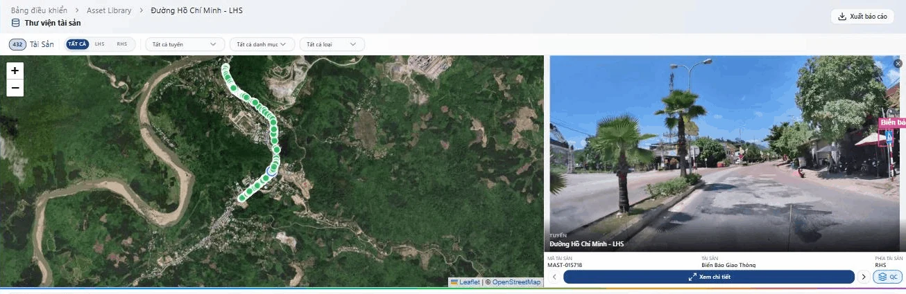 Giao diện VRoad.AI: bản đồ tài sản đường bộ, khung xem ảnh khảo sát và bảng dữ liệu tài sản