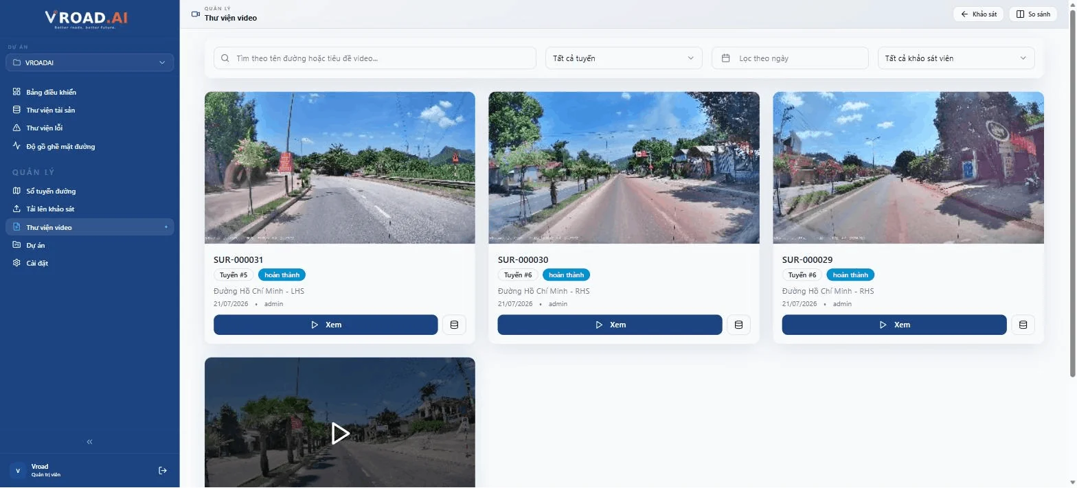 Thư viện video khảo sát trên VRoad.AI — các lượt khảo sát đã tải lên kèm tuyến, ngày và khảo sát viên